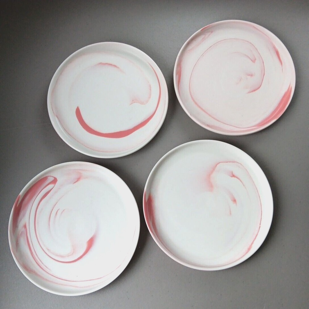 4 Stone + Lain Pink Marble‎ Swirl Porcelain Side Plates Lipped Stone Cottagecore